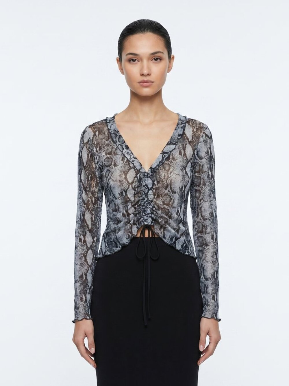 *The Vanity Room Sheer Snakeskin Long Sleeve Top | Ruched V-Neck Cropped Blouse
